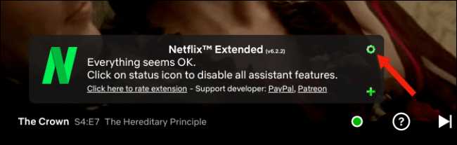 Haga clic en el icono de configuración del engranaje en Netflix Extended