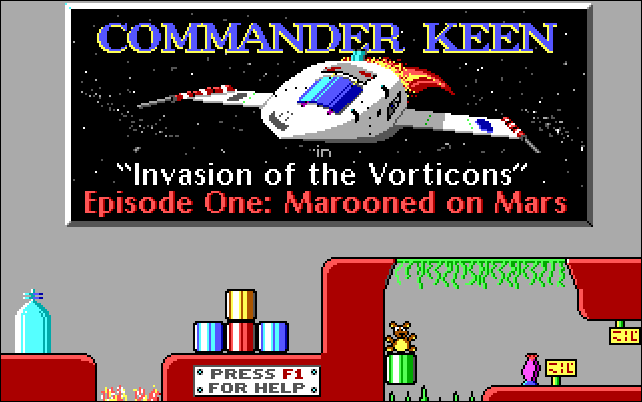 Una nave espacial con el título "Commander Keen: Invasion of the Vorticons Episode One: Marooned on Mars".