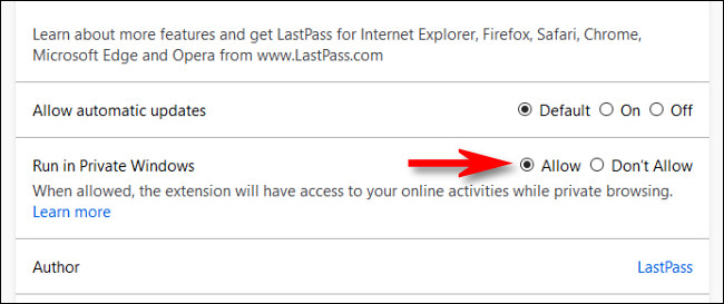 En la página de administración de la extensión de Firefox, seleccione "Permitir" para la opción "Ejecutar en ventanas privadas".