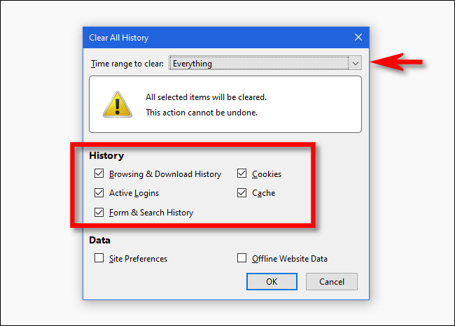 En la ventana "Borrar todo el historial" de Firefox, seleccione las opciones que desee.