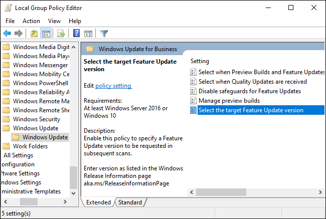 Opciones de Windows Update para empresas en la directiva de grupo.