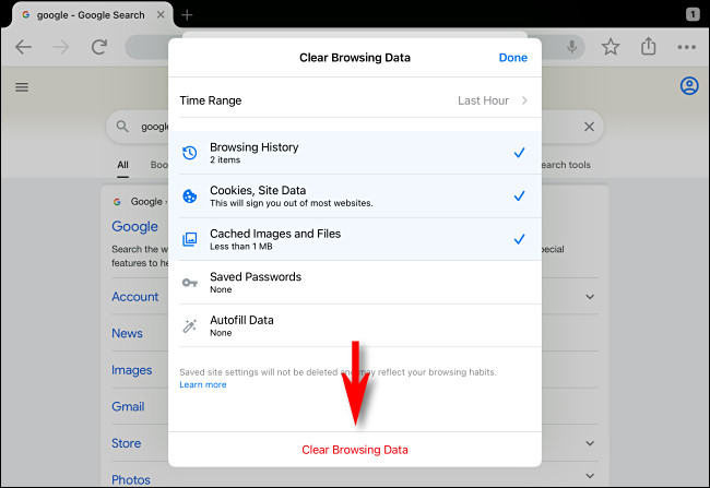 En Google Chrome en iPhone y iPad, toque "Borrar datos de navegación".