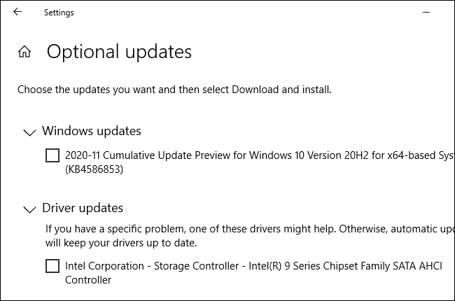 La página "Actualizaciones opcionales" en la configuración de Windows Update.