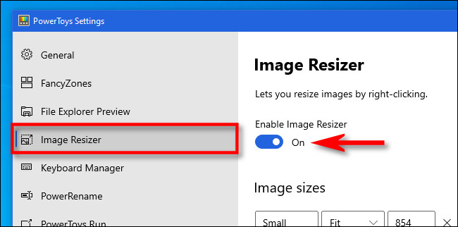 Abra PowerToys y haga clic en "Image Resizer", luego asegúrese de que el interruptor esté en "On".