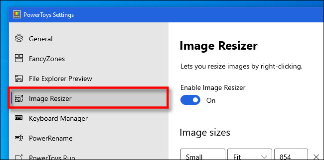 Inicie PowerToys y seleccione el módulo "Image Resizer" en la barra lateral.