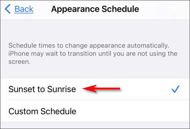 En la configuración del iPhone, toca "Desde el atardecer hasta el amanecer".