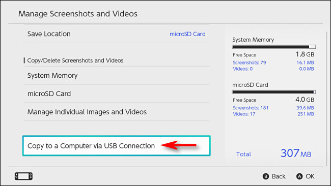 En el interruptor "Administrar capturas de pantalla y videos", seleccione "Copiar a una computadora a través de una conexión USB".