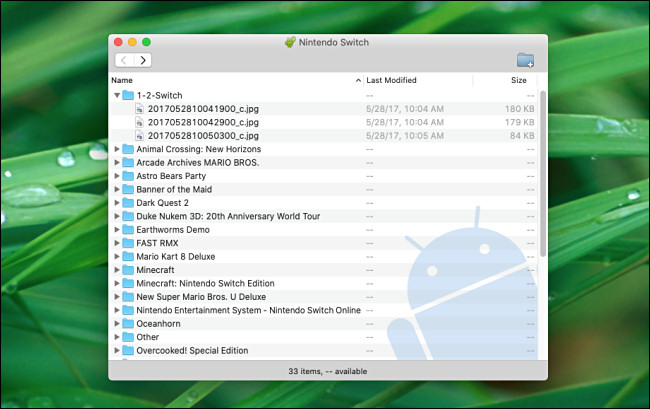 Una lista de capturas de pantalla y videos de Switch ordenados por carpeta como los ve Android File Transfer en Mac.