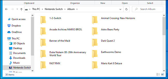 Una lista de las capturas de pantalla y las carpetas de video de Nintendo Switch como se ve en una PC con Windows a través de un cable USB.