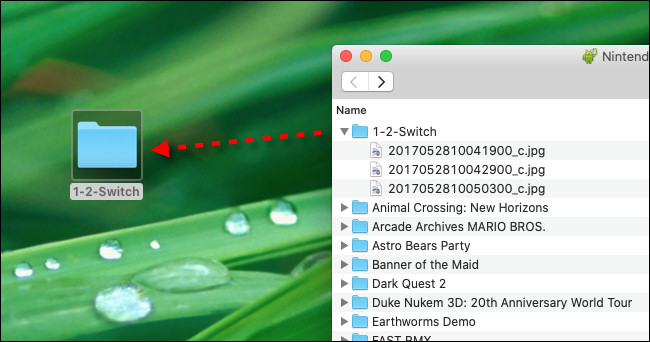 Arrastre y suelte los archivos de captura de pantalla de Nintendo Switch desde Android File Transfer al escritorio de su Mac.
