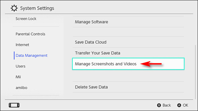 En Switch "Administración de datos", seleccione "Administrar capturas de pantalla y videos".