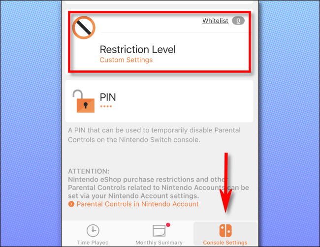 En la aplicación Control parental de Nintendo Switch, toca "Configuración de la consola" y luego selecciona "Nivel de restricción".