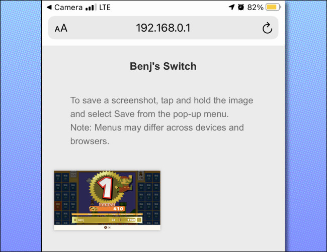 Un ejemplo del recurso compartido de Switch de forma inalámbrica a la página web de un dispositivo inteligente.