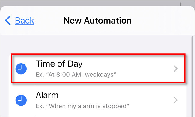 En Atajos de iPhone, toca "Hora del día".