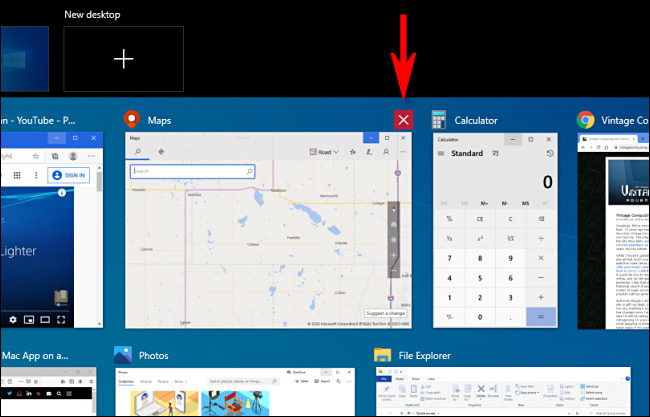 Cerrar una ventana en la Vista de tareas de Windows 10 haciendo clic en el botón X.