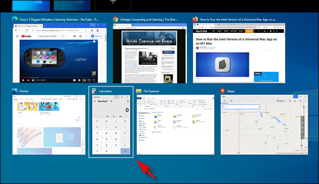 Seleccionar una ventana de aplicación en la Vista de tareas de Windows 10 usando las teclas del cursor.