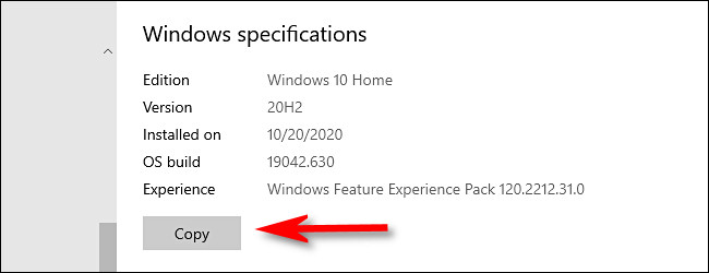 En la configuración de Windows, haga clic en el botón "Copiar" para copiar sus especificaciones de Windows en el portapapeles.