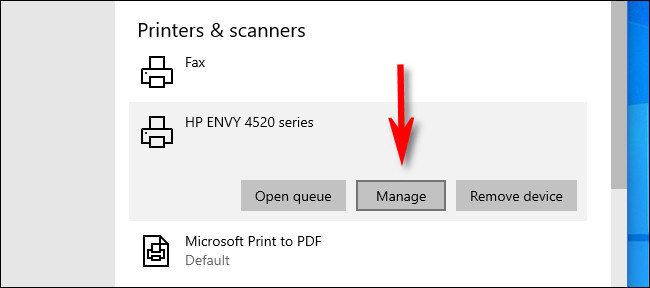 En la configuración de Windows 10, haga clic en la impresora que desea configurar como predeterminada y seleccione "Administrar".