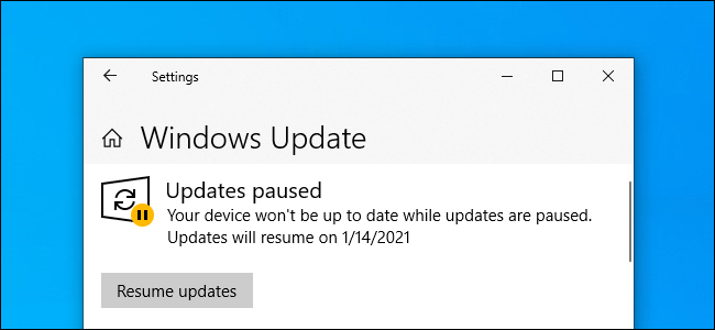 Actualización de Windows que muestra "Actualizaciones en pausa" en Windows 10.