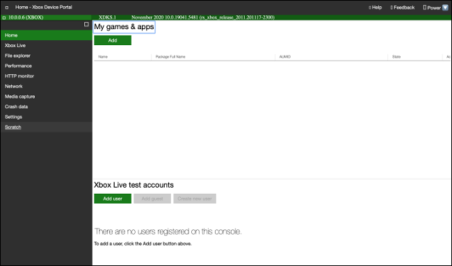 Interfaz web del modo desarrollador de Xbox