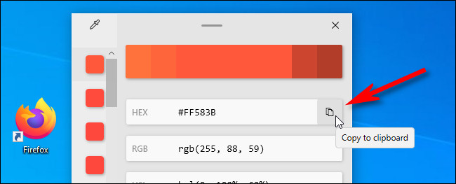 Para copiar un valor de color en el portapapeles, haga clic en el icono "copiar".