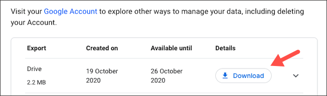 Descargar manualmente la exportación de datos de Google Drive