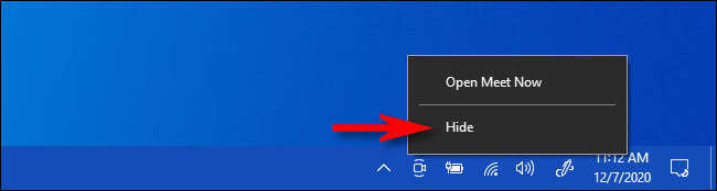 Haga clic con el botón derecho en el icono "Reunirse ahora" y seleccione "Ocultar".