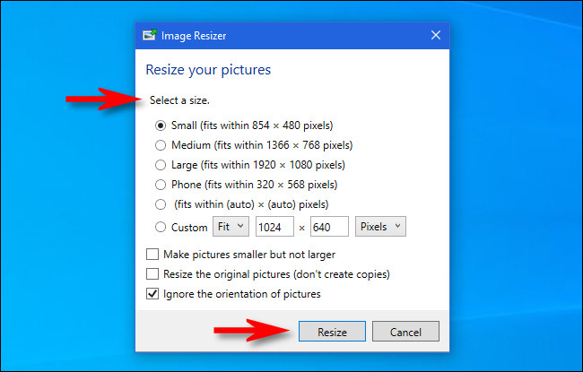 En la ventana "Cambiar tamaño de imagen", seleccione un tamaño y luego haga clic en el botón "Cambiar tamaño".