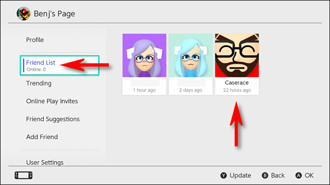 En la página de su perfil de Switch, seleccione "Lista de amigos", luego seleccione el amigo que le gustaría hacer un mejor amigo.