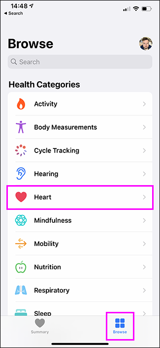 aplicación de salud que muestra el corazón y la navegación resaltada