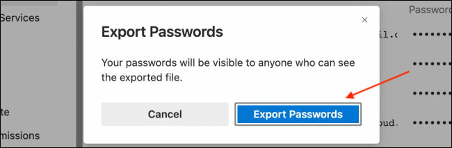 Haga clic en Exportar contraseñas desde ventana emergente en Microsoft Edge