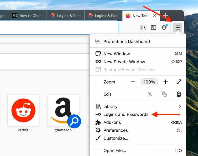 Haga clic en Inicios de sesión y contraseñas en el menú de Firefox.