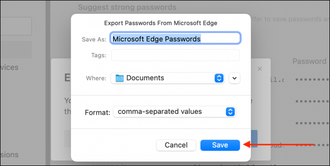Haga clic en Guardar para exportar CSV desde Microsoft Edge