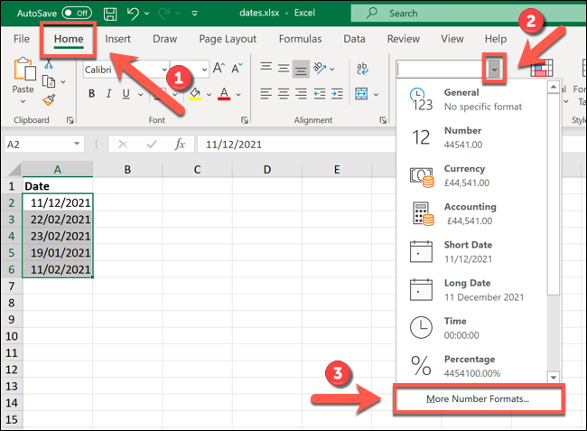En Excel, seleccione sus valores de fecha, luego presione Inicio> Formato de número> Más formatos de número.