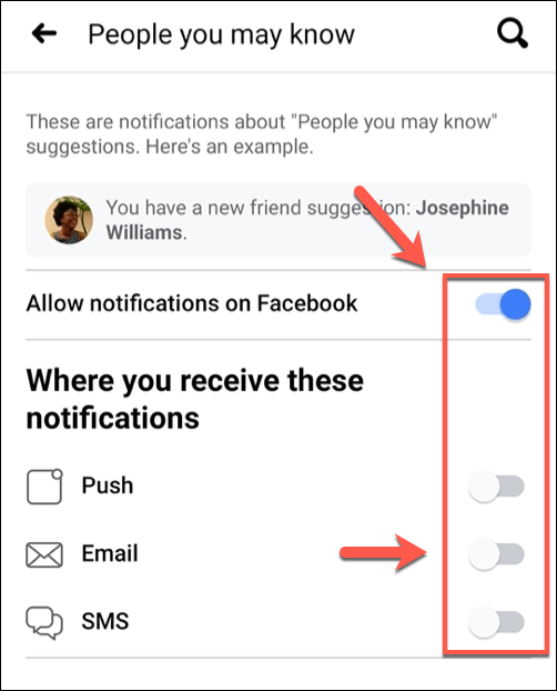En el menú "Personas que quizás conozcas", toca los distintos controles deslizantes para desactivar las notificaciones individuales o toca "Permitir notificaciones en Facebook" para desactivar todas las sugerencias de amigos.