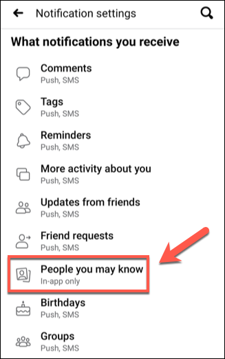 Toca "Personas que quizás conozcas" en el menú "Configuración de notificaciones".