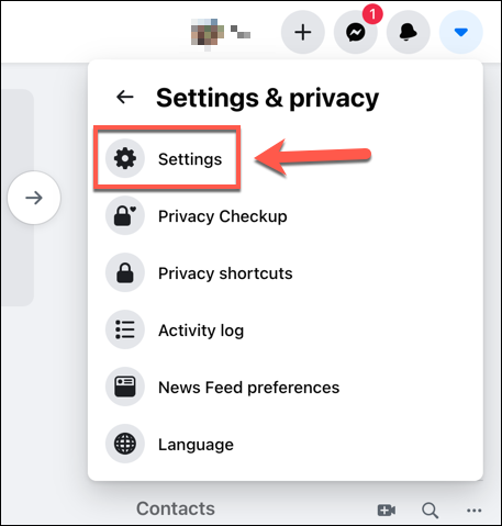 Para abrir el menú de configuración de Facebook en la web, presione el icono de flecha hacia abajo en la parte superior derecha, luego seleccione Configuración y privacidad> Configuración.
