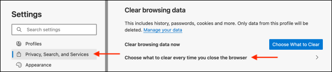 Vaya a la opción para borrar datos al cerrar el navegador Microsoft Edge