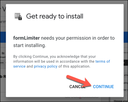 Presione "Continuar" para confirmar la instalación del complemento formLimiter en Formularios de Google.