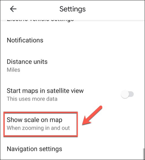 Toque la opción "Mostrar escala en el mapa" en el menú "Configuración".