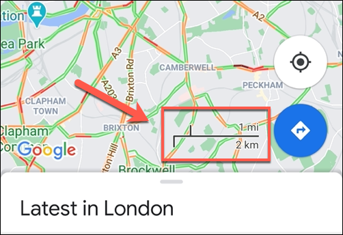 Un ejemplo de la barra de escala de Google Maps en Android, que muestra la escala siempre activa.