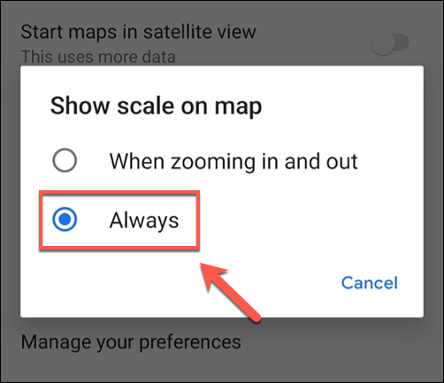 Toque "Siempre" en el menú de configuración "Mostrar escala en el mapa".