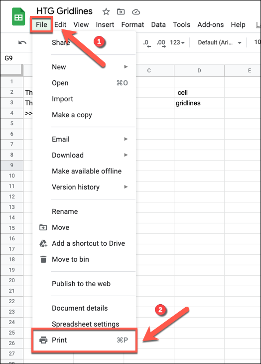 Para comenzar a imprimir una hoja de cálculo de Google Sheets, presione Archivo> Imprimir.