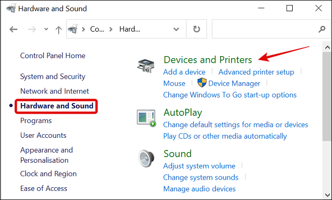 Haga clic en Hardware y sonido en el menú del Panel de control y seleccione Dispositivos e impresoras