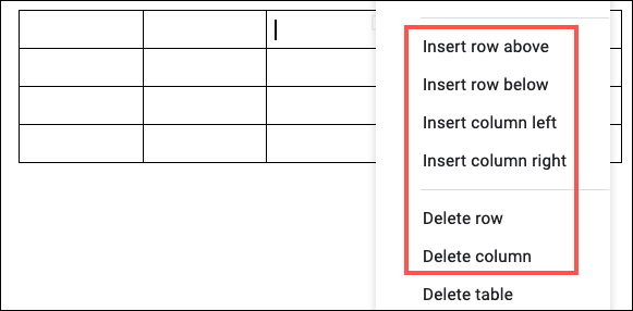 Haga clic con el botón derecho en la tabla para agregar o eliminar columnas o filas