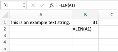 Un ejemplo de una fórmula de Excel que utiliza la función LEN, calculando la longitud de una cadena de texto.