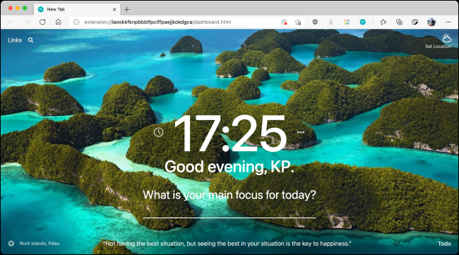 Nueva página de inicio instalada en Microsoft Edge
