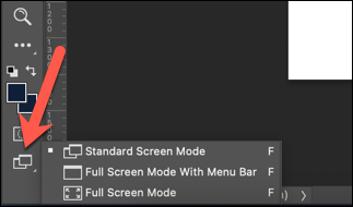 Para cambiar los modos de pantalla usando la barra de herramientas de Photoshop, haga clic con el botón derecho en el icono inferior "Modo de pantalla" y seleccione una de las opciones.