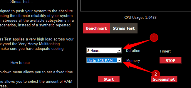 Dos flechas numeradas que apuntan a la duración de Asus Realbench y la configuración de uso de RAM.