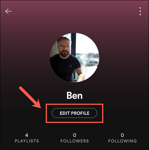 Toca "Editar perfil" para cambiar una foto de Spotify existente.